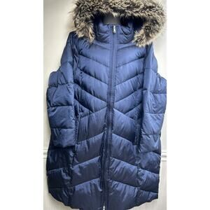 New Lands End Women 3XL Hooded Down Coat Parka 600 FP Heavy Puffer Long Blue